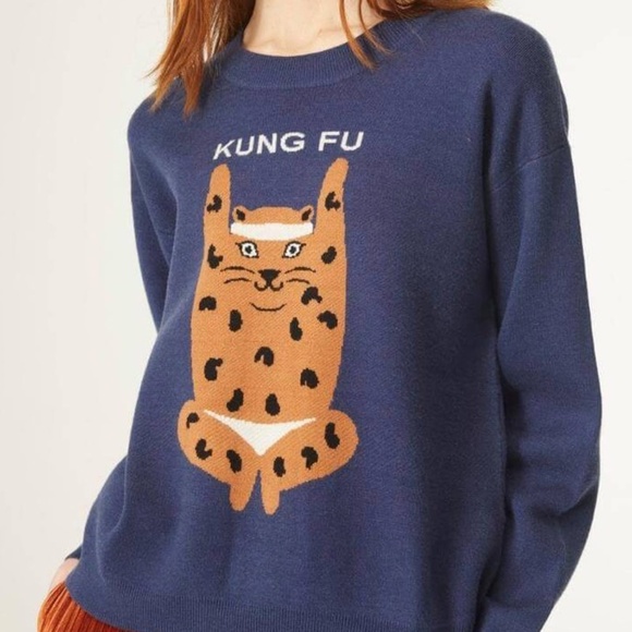Kung Fu Cat Leopard Sweater Jacquard Knit Relaxed Fit Women's Size L - Picture 1 of 8